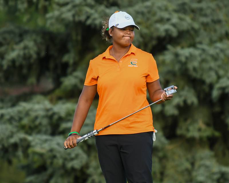 Taylor Miller of Plainfield East reacts after watching her putt during the Southwest Prairie conference meet on Wednesday Sept. 24, 2025, held at Blackberry Oaks Golf course in Bristal.