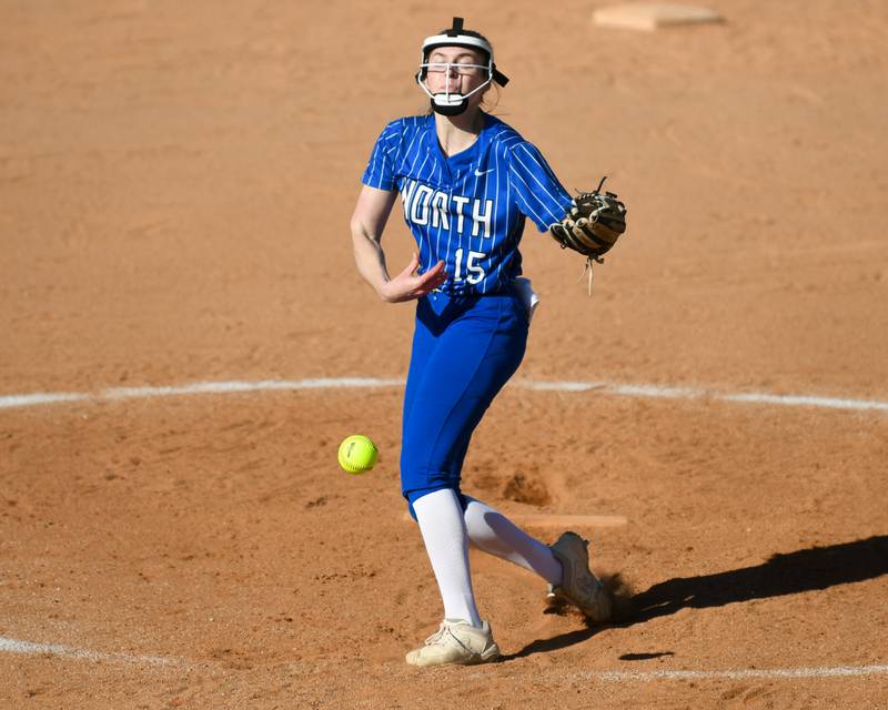 St. Charles North's Paige Murray (15) pitches against Lake Park High School during the game on Wednesday April 24, 2024, held at Lake Park High School.