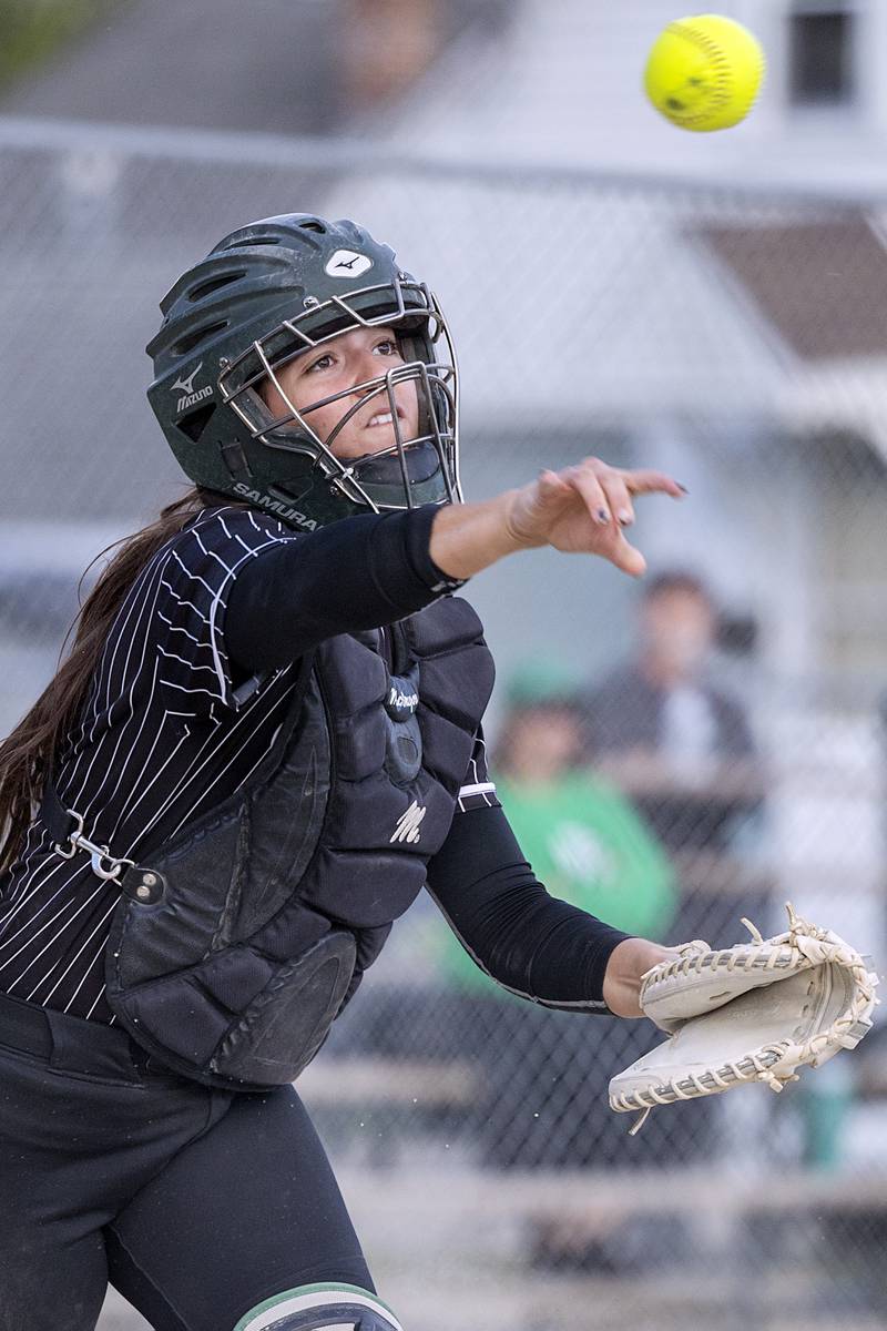 Rock Falls’ Julia Renner fires to first for an out against Dixon Thursday, May 7, 2026.