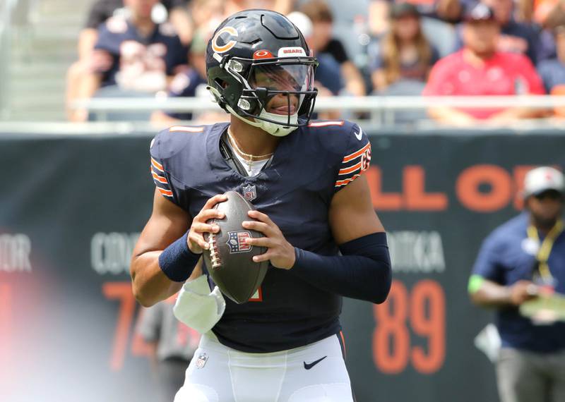 Chicago Bears quarterback Justin Fields looks for a receiver during their game against the Buffalo Bills Saturday, Aug. 26, 2023, at Soldier Field in Chicago.