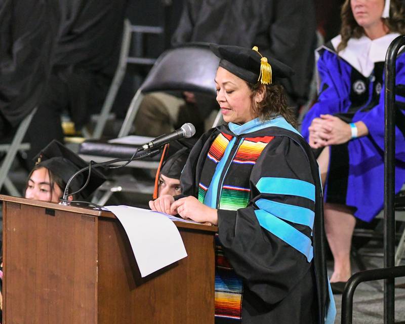 DeKalb School District 428 Superintendent Minerva Garcia-Sanchez gives a commencement address on Saturday, May 24, 2025, during the Class of 2025 Commencement ceremony held at the NIU Convocation Center in DeKalb.