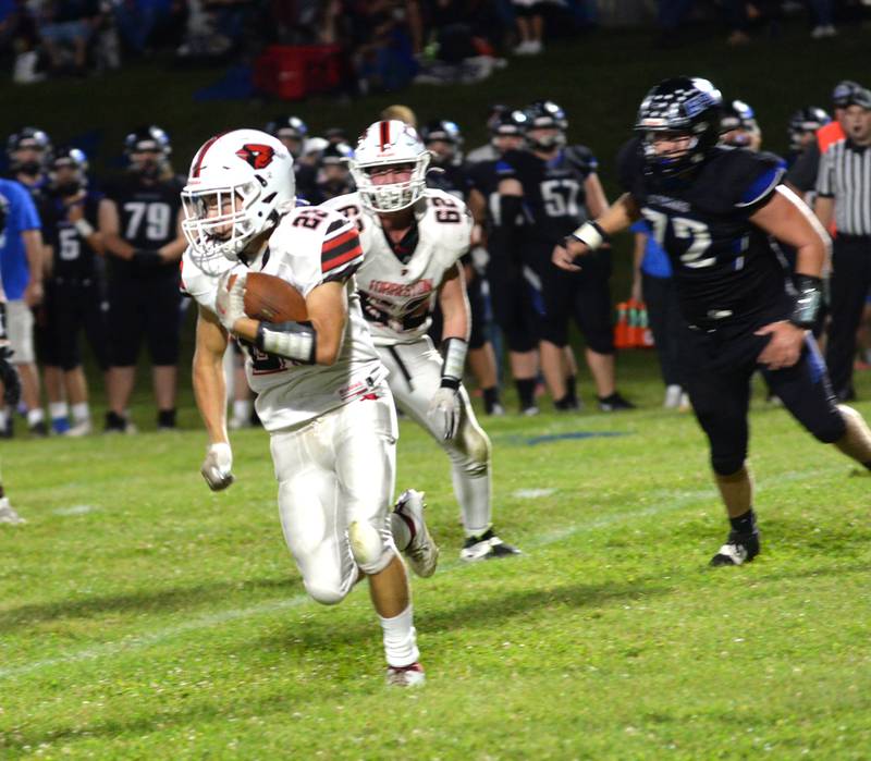 Forreston's Cayden Loomis (23) looks for blocks against Eastland-Pearl City on Friday, Sept. 20, 2024 in a NUIC Conference game at Pearl City.