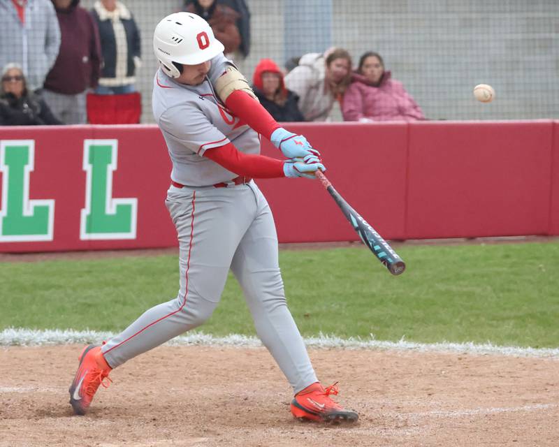 Ottawa's Maverick Burress makes contact with the ball on Thursday, April 30, 2026 at Huby Sarver Field in the L-P Athletic Complex in La Salle.