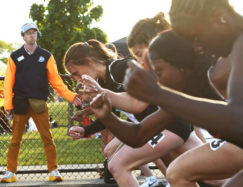 Forreston-Polo's Bree Schneiderman (center) starts her heat ofthe 100 meter prelims at the 1A Winnebago Sectional on Wednesday, May 13, 2026. She went on to win the event and qualify for the state meet next week.