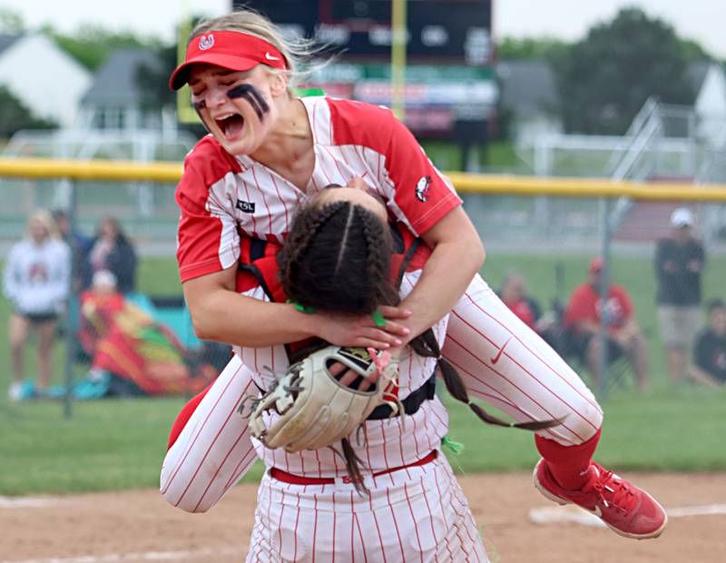 Barrington pitcher Allie Goodwin leaps into the arms of catcher Emma Kavanagh as the Fillies get the final out during the Class 4A Huntley Sectional championship, Saturday, June 4, 2022.