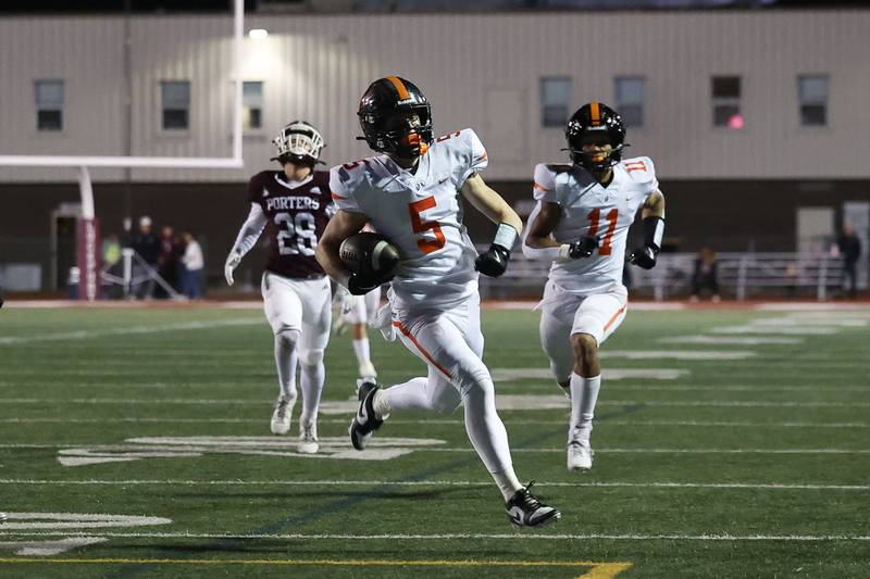 Lincoln-Way West’s Chase Markowicz sets up a first and goal on a catch and run against Lockport on Friday, Oct. 18, 2024 in Lockport.