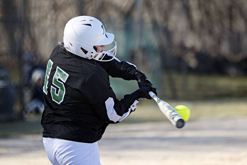 Rock Falls’ Savanna Fritz drives the the ball against Geneseo Wednesday March 29, 2023.