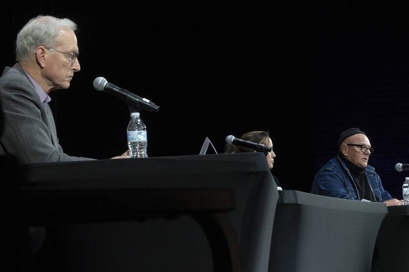 Glen Hughes (left) and Dennis Considine address questions and concerns from the public Thursday, March 16, 2023 during a candidates forum for Dixon elections. The two are running for mayor.