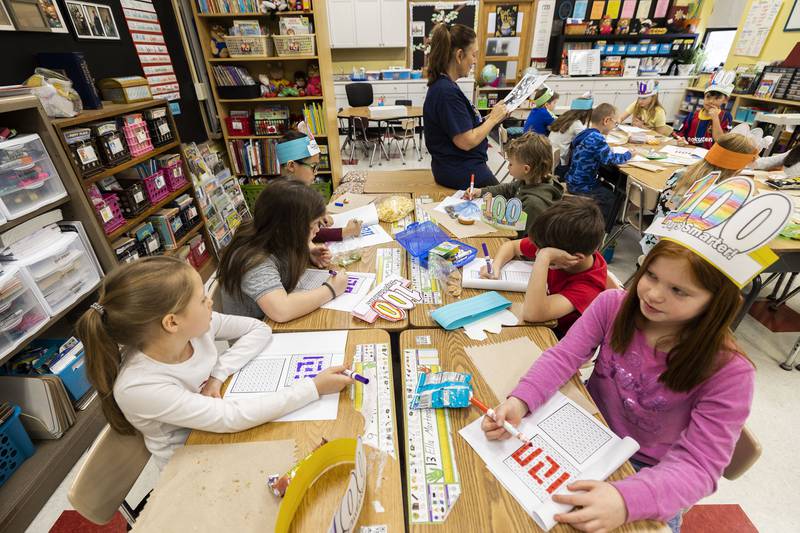 Jefferson School second-grade students mark off blocks as an exercise for the 100th day of class Thursday, Jan. 26, 2023 in Dixon.