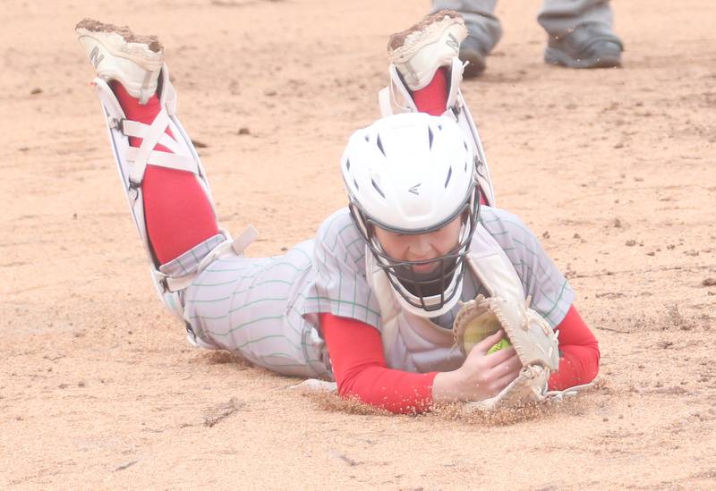 L-P catcher Mackenzie Chamberlain makes a catch on a foul ball near the plate against Ottawa on Monday, April 21, 2025 at the L-P Athletic Complex in La Salle.