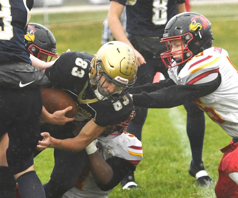 Polo's Mercer Mumford (83) lunges toward the end zone for a touchdown against St. Anne during I8FA playoff action on Saturday, Nov. 8, 2025 at Polo High School. The Marcos won the game 46-14 to advance to the next round.