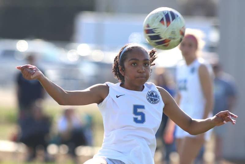 Woodstock’s Salome Freites-Alvarado corrals the ball in varsity soccer on Wednesday, April 23, 2025, at Johnsburg High School in Johnsburg.