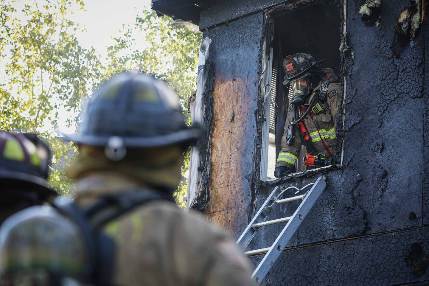 The Huntley Fire Protection District puts out a fire that broke out in a Lake in the Hills townhome that displaced a family on Aug. 13, 2025.