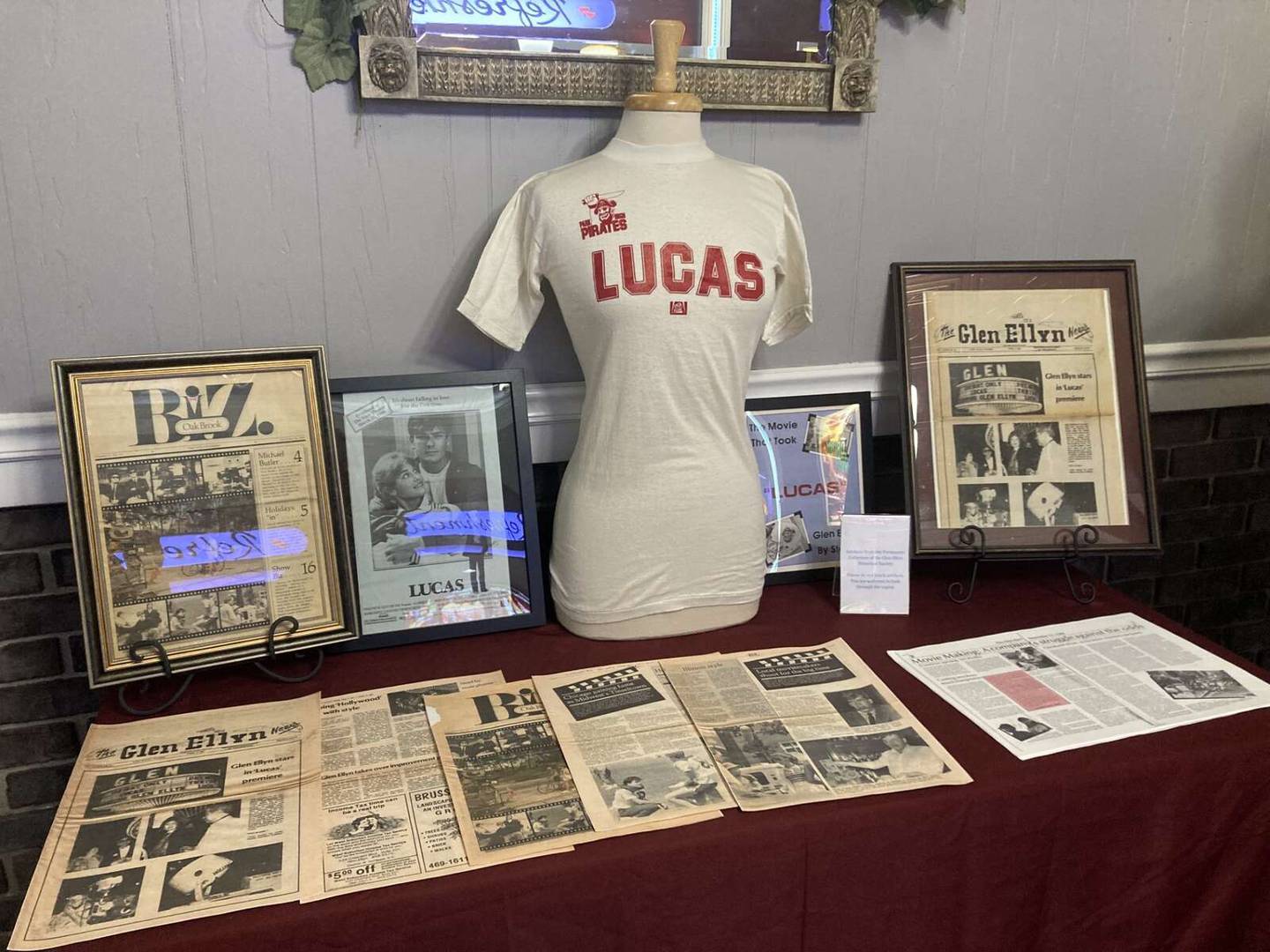 The Glen Ellyn Historical Society contributed memorabilia and news clippings about the movie “Lucas” and its filming, viewable in the Glen Art Theatre lobby.