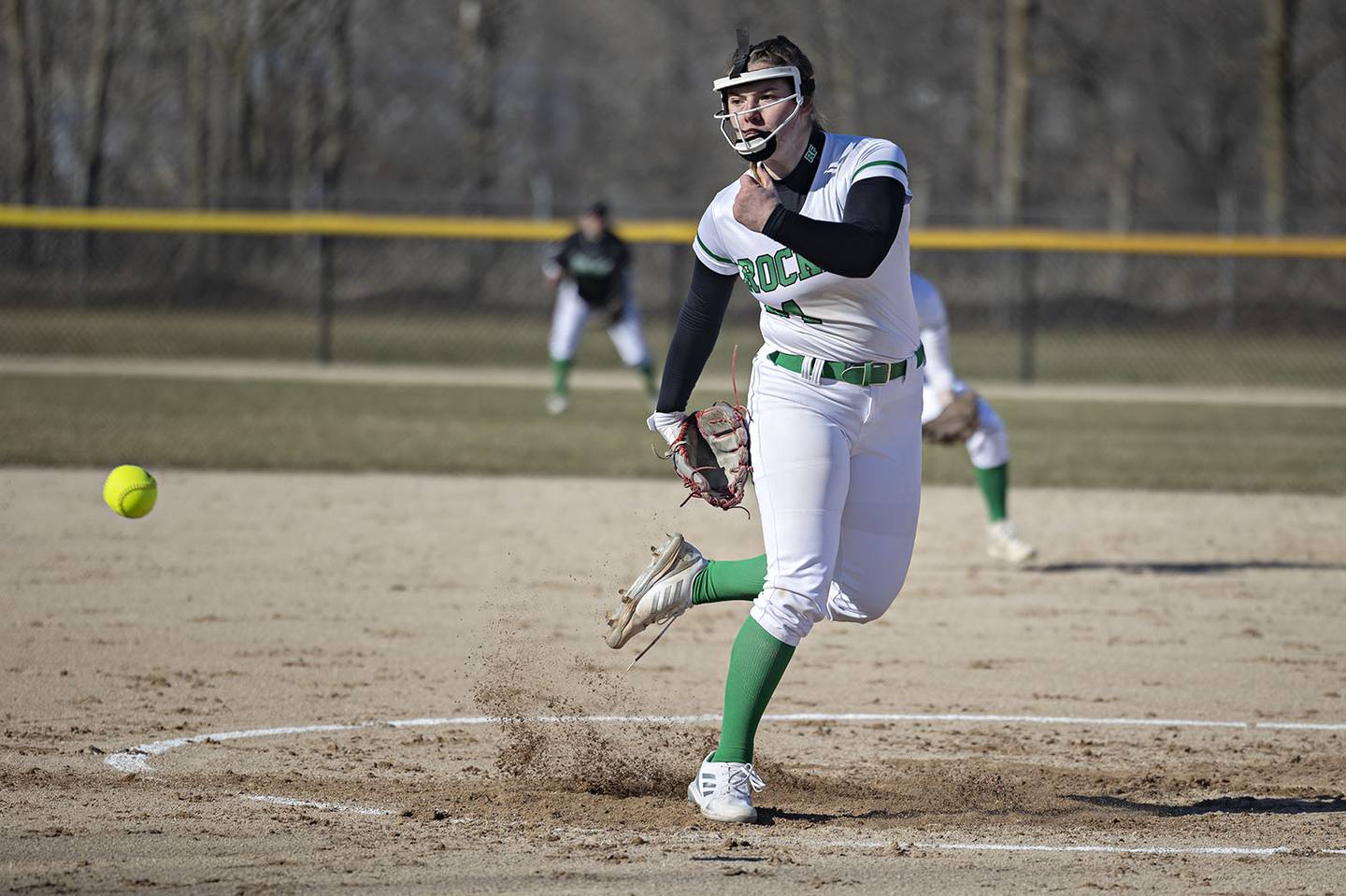 Rock Falls’ Katie Thatcher fires a pitch against Geneseo Wednesday March 29, 2023.