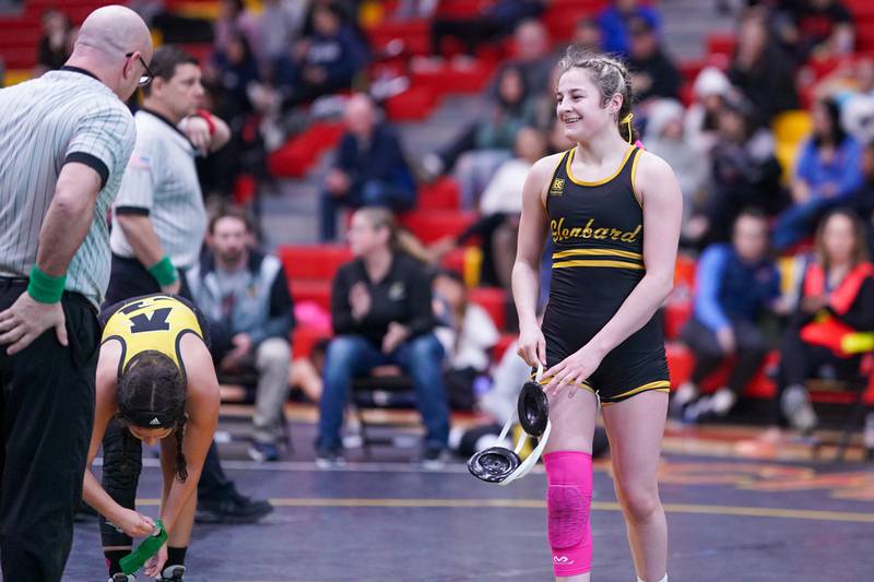 Glenbard North’s Gabby Gomez (right) wins her 115 pound championship match against Andrews’ Sophia Figueroa in the Schaumburg Girls Wrestling Sectional at Schaumburg High School on Saturday, Feb 10, 2024.