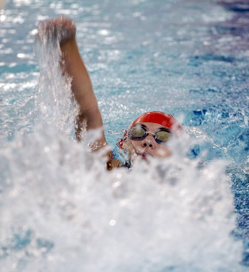 Morrison’s Paige LaShelle competes in the 200 medley relay against Sterling Wednesday, Aug. 28, 2024 at Morrison High School.