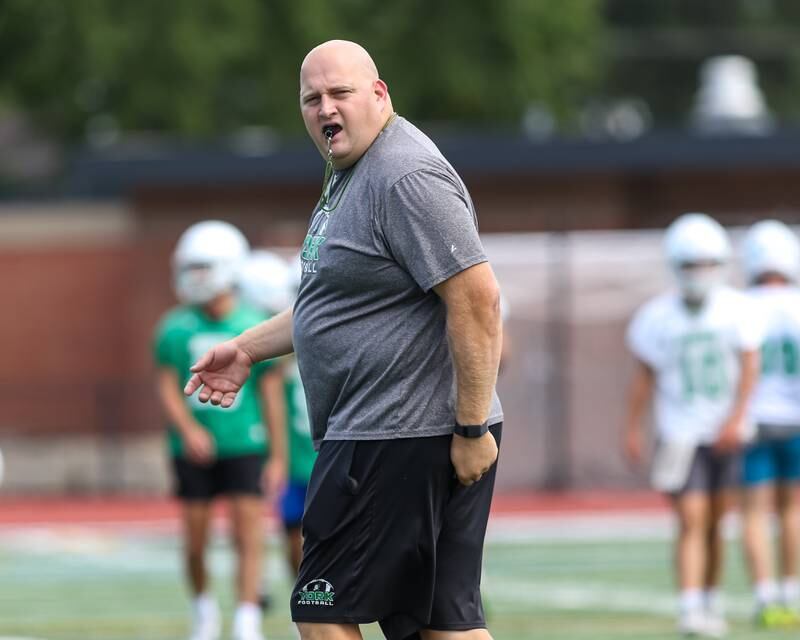 First year York head coach Don Gelsomino conducts York High School first day of football practice. Aug 12, 2024.