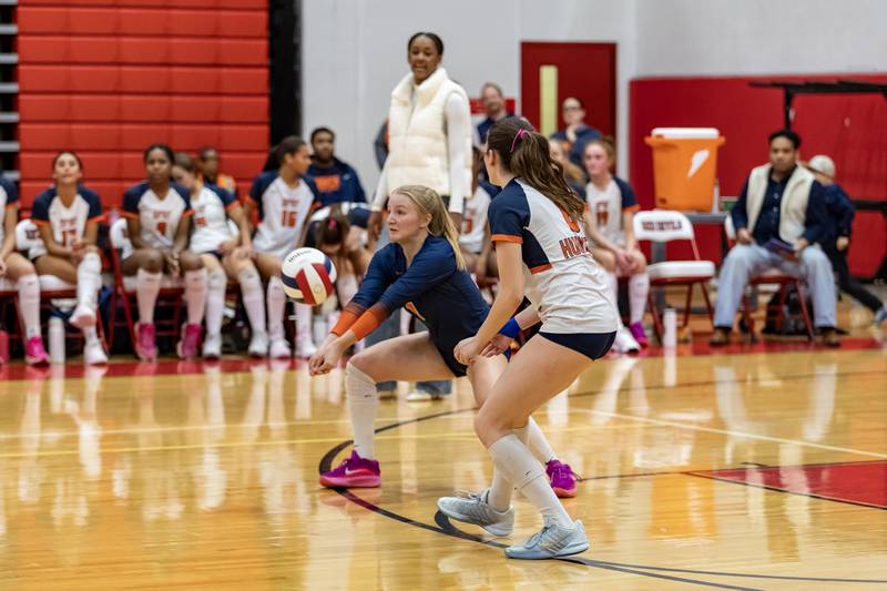 Oak Park-River Forest's Kathryn Bailitz passes to a teammate during a 4A Supersectional girls volleyball game against Lockport at Hinsdale Central on Nov. 10, 2025.