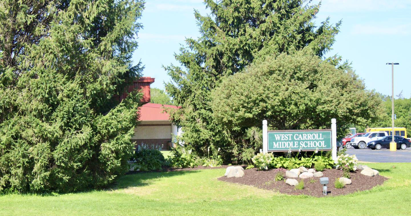 A sign marks the entrance to West Carroll Middle School in Mount Carroll.