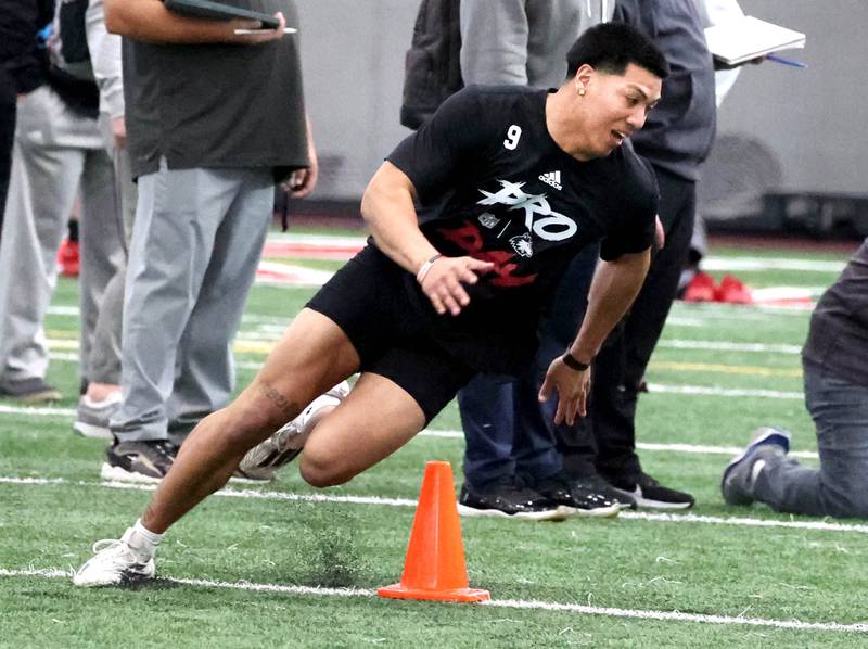 Former Northern Illinois University safety Nate Valcarcel runs a shuttle drill for NFL scouts during pro day Monday, March 17, 2025, in the Chessick Practice Center at NIU in DeKalb.