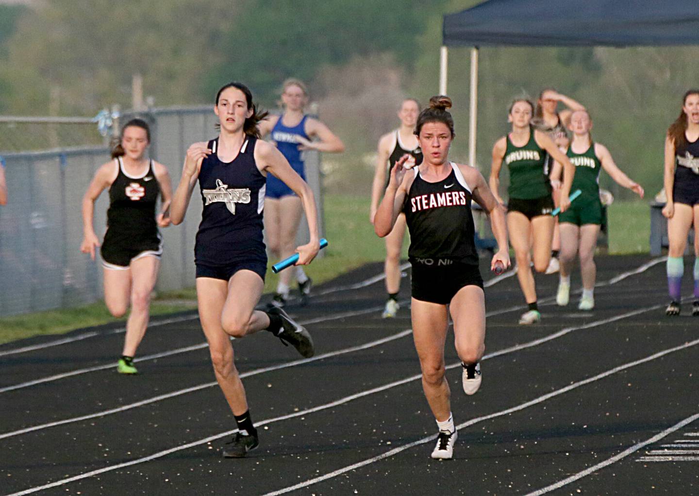 Fulton's Lauren Mahoney runs the 4x100 relay in the Class 1A girls track sectional on Wednesday, May 11, 2022 at Bureau Valley High School in Manlius.