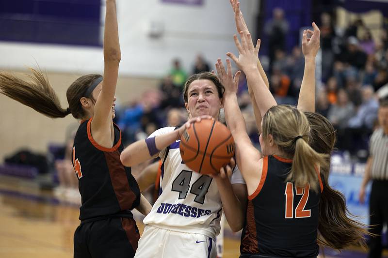 Dixon’s Ella Govig is fouled with one second left in two point game against the Byron Tigers. Govig made the first but was unable the sink the second, falling 35-34 on Tuesday, Jan. 24, 2023.