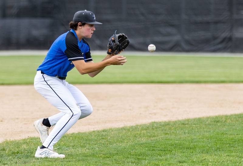 St. Charles North third baseman Matt Kelly fields a ground ball during the Class 4A Regional semifinal against Batavia at Batavia High School in Batavia on Thursday, May 29, 2025.