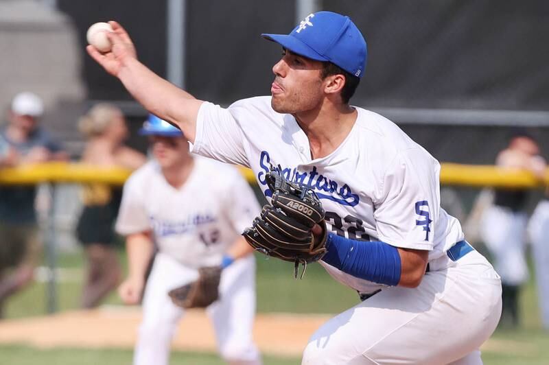 St. Francis' Rocco Tenuta delivers a pitch during their Class 3A regional semifinal game against Sycamore Thursday, June 1, 2023, at Kaneland High School in Maple Park.