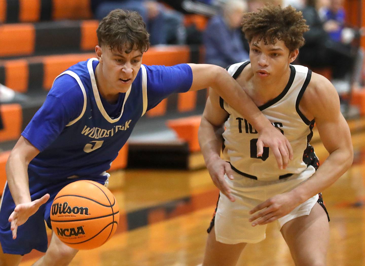 Woodstock's Max Beard drives to the basket against Crystal Lake Central's JR Mason during a nonconference boys basketball game on Monday Jan. 5,  2026, at Crystal Lake Central School.