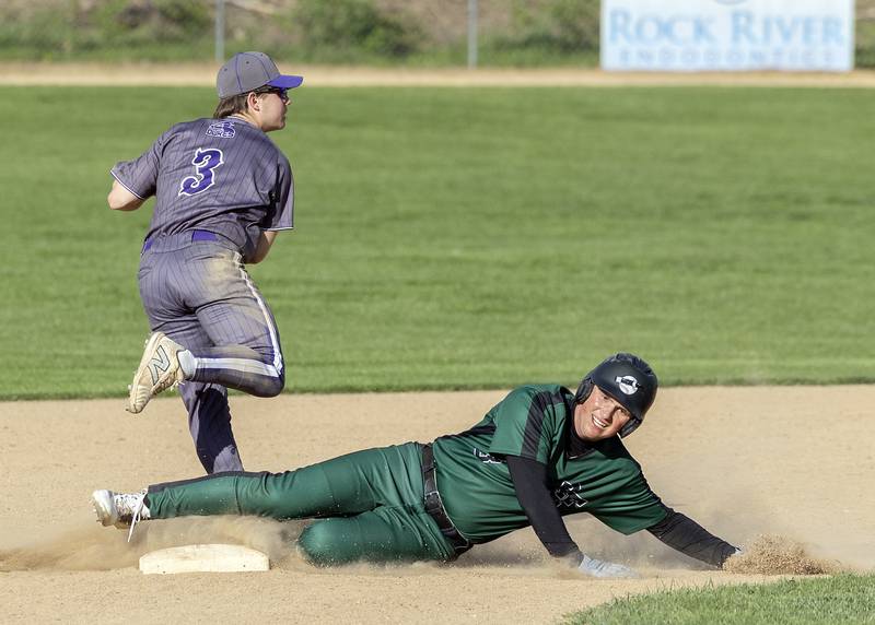 Dixon’s Jake Zepezauer gets the out at second as Rock Falls’ AJ Moore looks to break up the double play Tuesday, April 29, 2025.