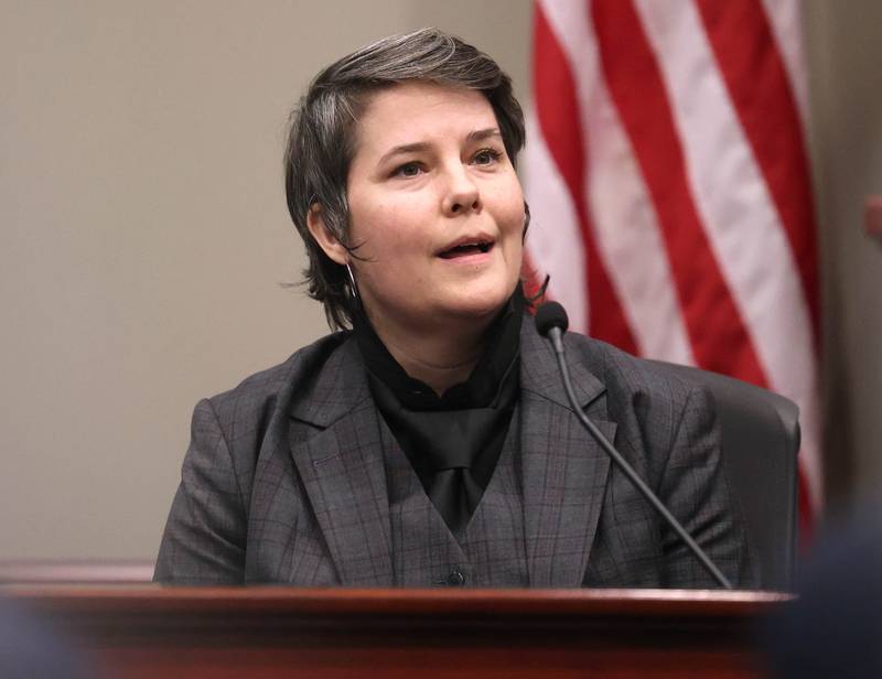 Danyel Duncan, who has been a friend of Jonathan D. Hurst for 20 years, testifies as a character witness Thursday, Jan. 30, 2025, during day six of the Hurst trial at the DeKalb County Courthouse in Sycamore. Hurst is charged in the 2016 killings of elderly mother and son Patricia and Robert Wilson in Sycamore.