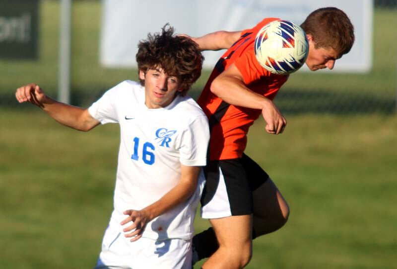 Burlington Central’s Giuseppe Busano, left, battles Crystal Lake Central’s Justin Moore in varsity soccer on Thursday Sept. 26, 2024, at Crystal Lake Central High School in Crystal Lake.
