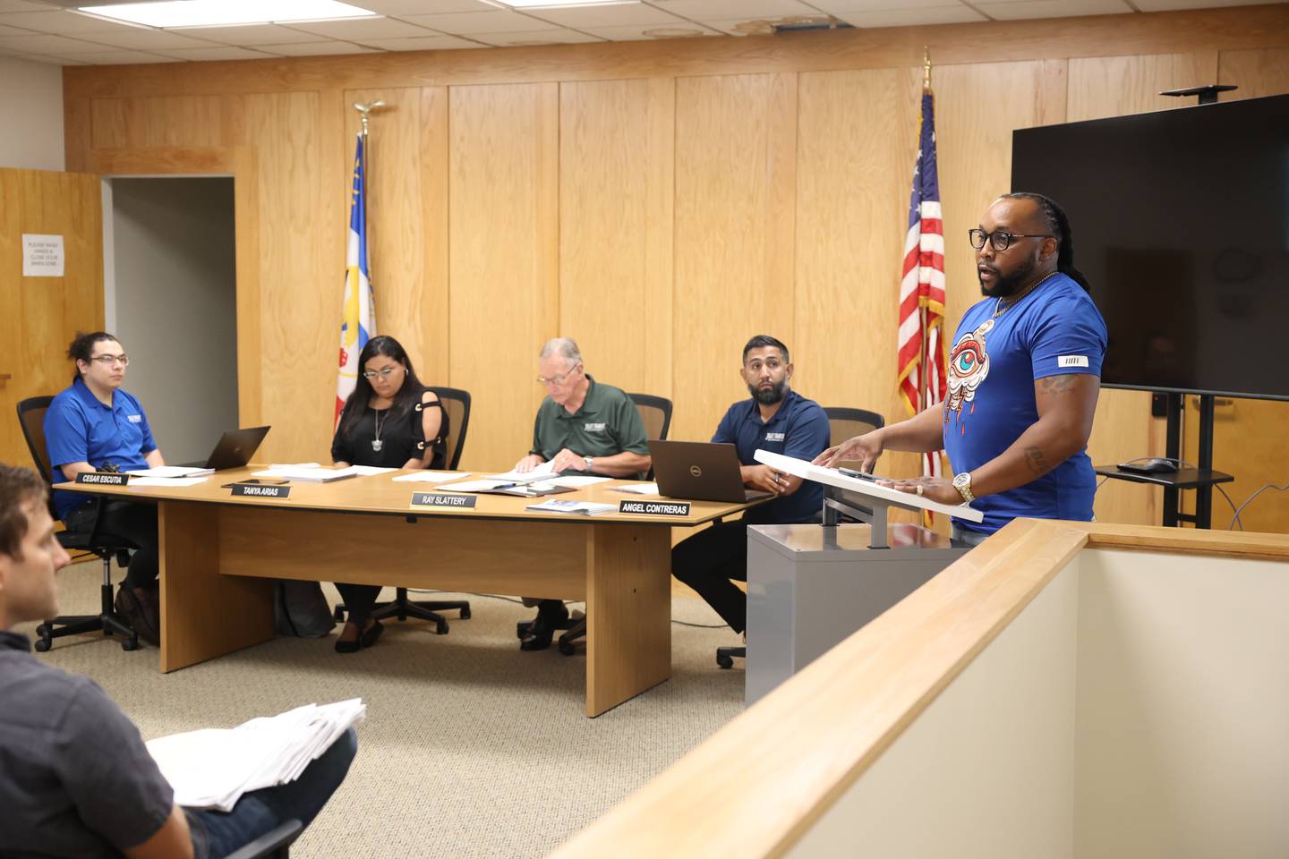 Karl Ferrell speaks at the Joliet Township meeting to promote legislation to eliminate barriers for people with felony convictions from holding elected office on Tuesday, July 11th, 2023 in Joliet.