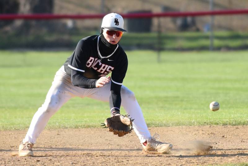Bradley-Bourbonnais' Jace Boudreau fields a throw at second base during a home game against Homewood-Flossmoor Friday, April 11, 2025.