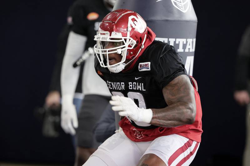 Oklahoma defensive lineman Perrion Winfrey runs through drills during practice for the Senior Bowl on Feb. 3, 2022 in Mobile, Ala.