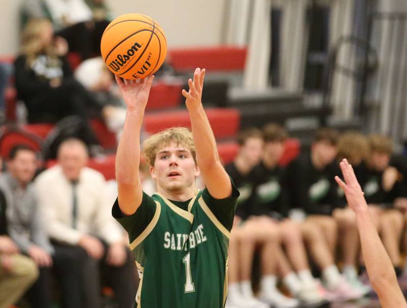 St. Bede's Kaden Newman shoots a jump shot against Eureka during the 50th annual Colmone Classic on Monday, Dec. 9, 2024 at Hall High School.