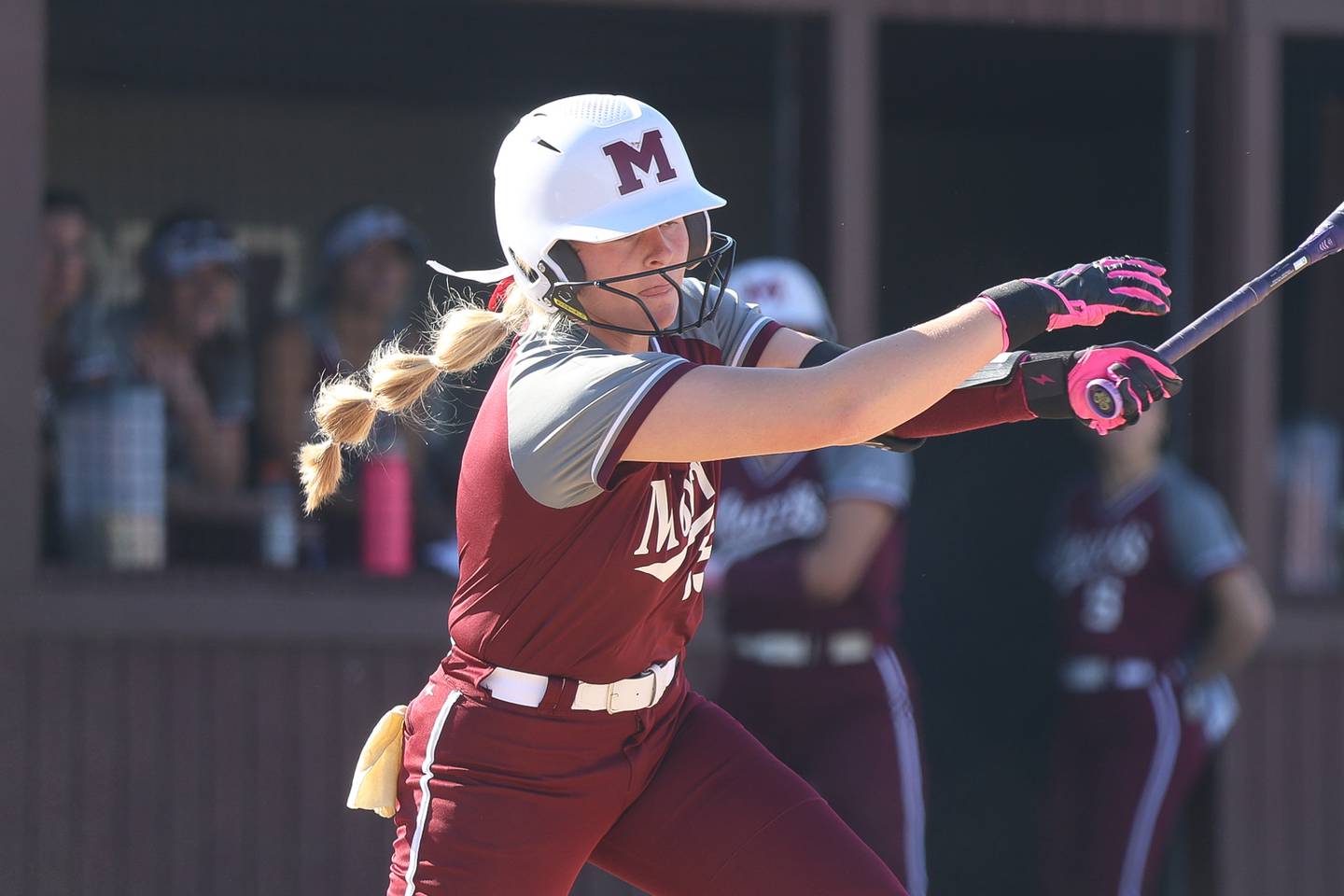 Morris’ Mylie Hughes singles against Ottawa on Wednesday, April 8, 2026 in Morris.