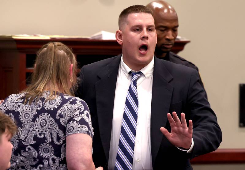 Former police officer James Corralejo says he is sorry to the family of Graciela Reza Contreras as he is taken into custody Thursday, July 17, 2025, at the DeKalb County Courthouse in Sycamore. James Corralejo was sentenced to four years in prison for a Class 2 felony count of driving under the influence of alcohol causing death for a 2023 crash that killed Reza Contreras.