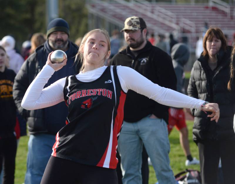 Forreston-Polo's Katelyn Rockwood  throws the shot during a quad meet at Oregon High School on Thursday, April 3, 2025. She finished fourth in the event.