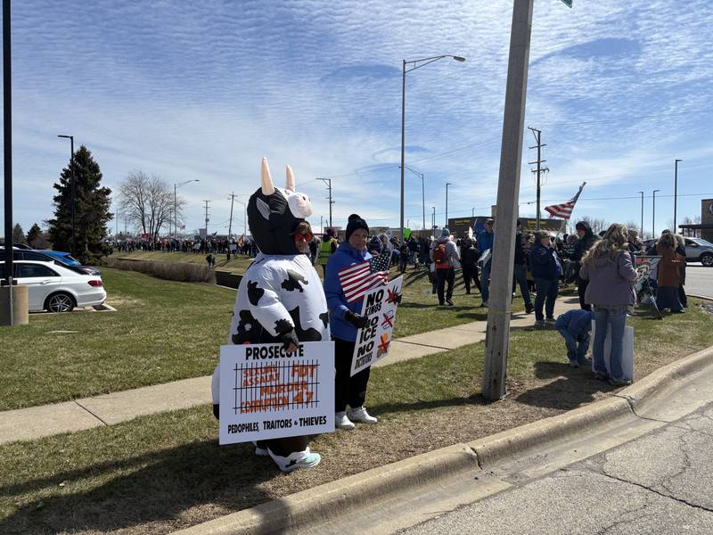 Protesters line the intersection of Route 14 and Federal Drive at a No Kings rally in Crystal Lake, Saturday, March 28, 2026.