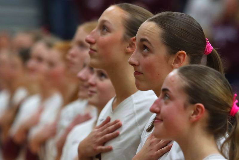Prairie Ridge’s Addi Smith, right, and Abby Smith, left, prepare to face St. Viator in IHSA Class 3A Super-Sectional girls volleyball at Streamwood High School in Streamwood on Monday, November 10, 2025.