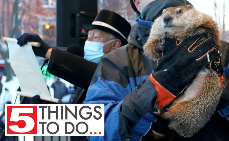 Then Mayor Brian Sager announces to the crowd that Woodstock Willie woke up and did not see his shadow, symbolizing an early spring, during the annual Woodstock Groundhog Days Prognostication on the historic Woodstock Square on Tuesday, Feb. 2, 2021, in Woodstock.