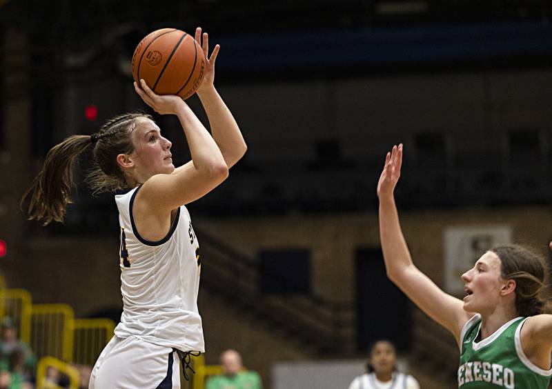 Sterling’s Madison Austin puts up a shot against Geneseo in December 2023 at Sterling High School.