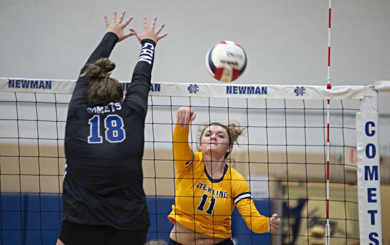 Sterling’s Kathryn Rowzee plays a shot against Newman Thursday, Aug. 25, 2022.