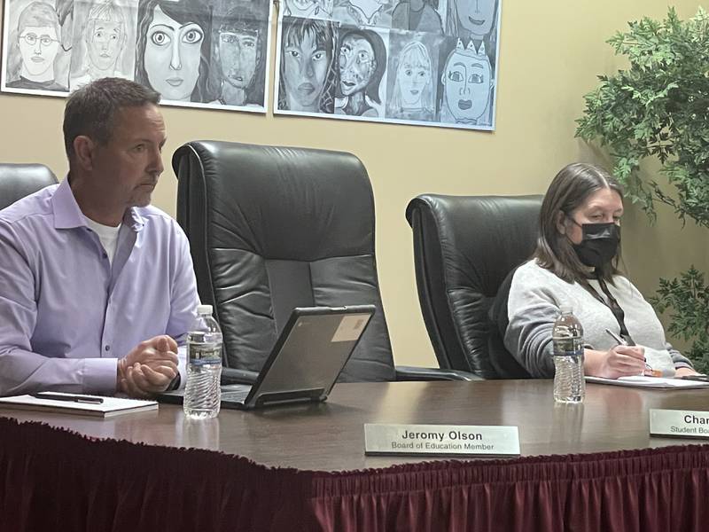 Board member Jeromy Olson (left) participates in the Oct. 4, 2022 meeting of the DeKalb District 428 School Board.