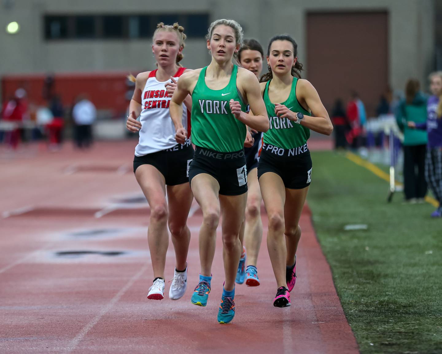 York's Katelyn Winton leads the pack in the 3200 during the West Suburban Silver conference meet at Downers Grove North.  May 6.2022.