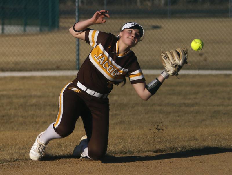 Jacobs' Talia Disilvio just could not come up with the catch during a nonconference softball game Marengo on Monday, March 9, 2026, at Marengo High School.