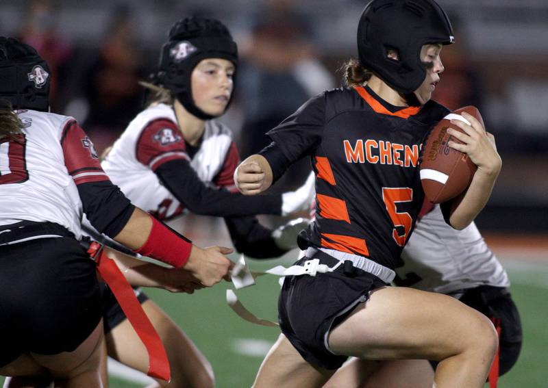 McHenry’s Gabriele Grasser runs the ball against Antioch in IHSA Regional Title Game action flag football at McHenry High School in McHenry on Thursday, Oct. 10, 2024.
