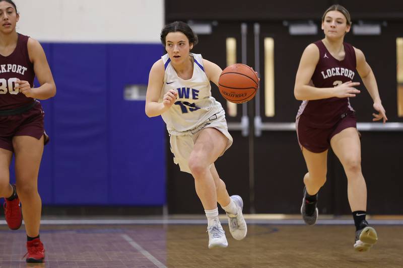 Lincoln-Way East’s Grace Sheehan sprints up court against Lockport in the Class 4A Lincoln-Way East Regional semifinal. Monday, Feb. 14, 2022, in Frankfort.